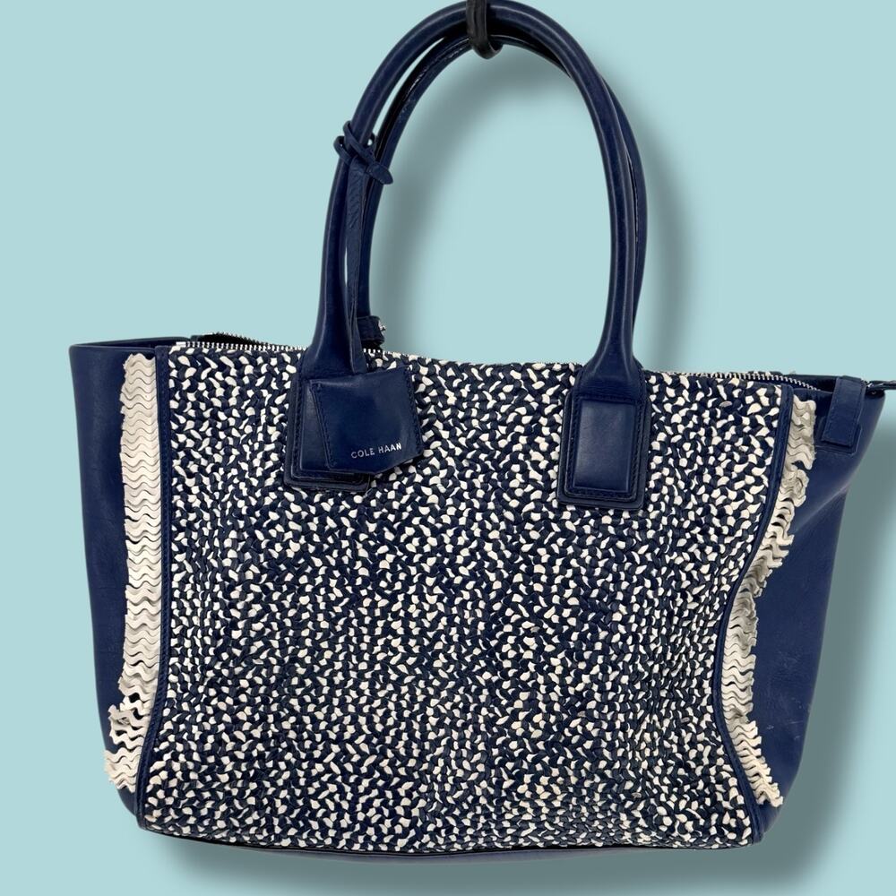 Cole‎ Haan Genevieve Key Item Navy Woven Leather Tote Bag Purse